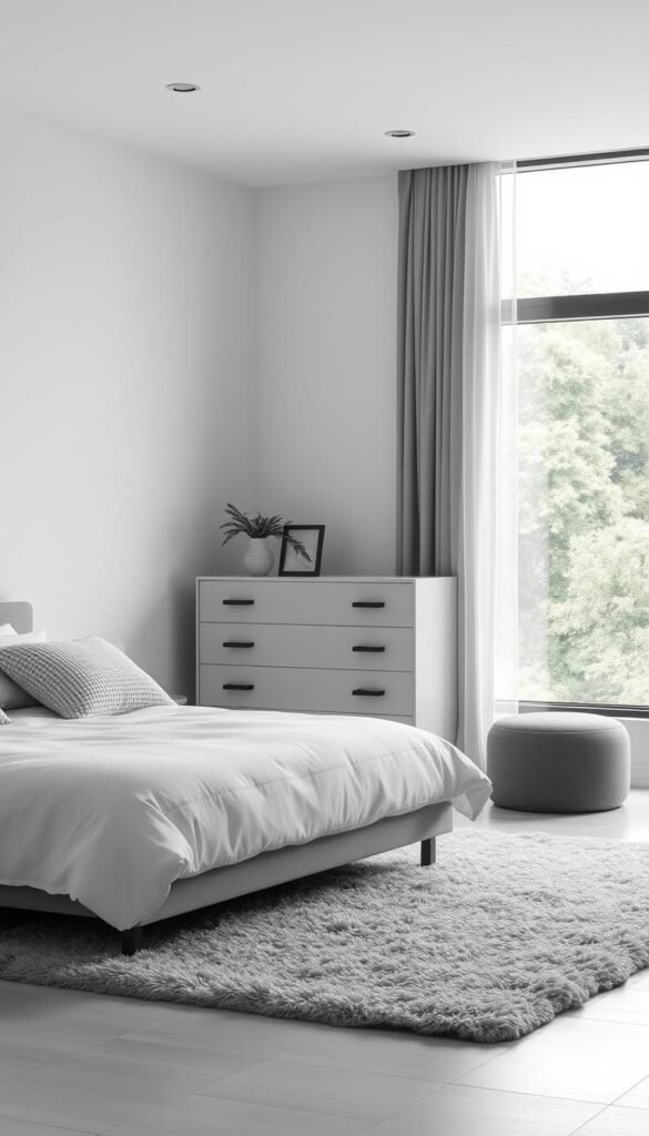 Monochromatic bedroom in a serene, minimalist style. Soft, diffused lighting illuminates a clean-lined bed with crisp white linens and plush, textured throw pillows. In the middle ground, a contemporary dresser with sleek, matte black hardware sits atop a fluffy area rug. The background features a large window with sheer curtains, offering a calming view of a lush, verdant landscape. The overall atmosphere evokes a tranquil, meditative retreat, perfect for rest and rejuvenation. Monochromatic bedroom in a serene, minimalist style. Soft, diffused lighting illuminates a clean-lined bed with crisp white linens and plush, textured throw pillows. In the middle ground, a contemporary dresser with sleek, matte black hardware sits atop a fluffy area rug. The background features a large window with sheer curtains, offering a calming view of a lush, verdant landscape. The overall atmosphere evokes a tranquil, meditative retreat, perfect for rest and rejuvenation.