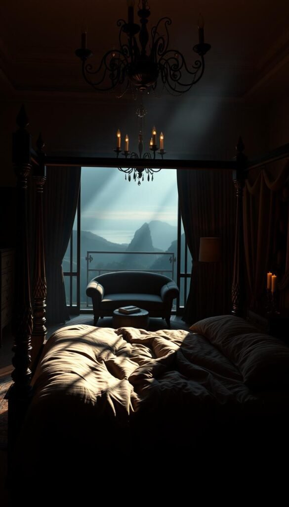 Moody bedroom with warm lighting and soft, hazy atmosphere. A large, ornate four-poster bed dominates the foreground, adorned with plush, oversized bedding in rich, moody tones. Antique furniture and decor elements like a chandelier and candles create a sense of timeless elegance. The middle ground features a cozy seating area with a luxurious velvet chaise. Shadows and soft light play across the walls, lending a dreamlike, contemplative mood. The background is a shadowy, out-of-focus landscape, hinting at a scenic view beyond the bedroom. Overall, the image conveys the benefits of a moody, atmospheric bedroom design - a serene, cocooning space for rest and relaxation.