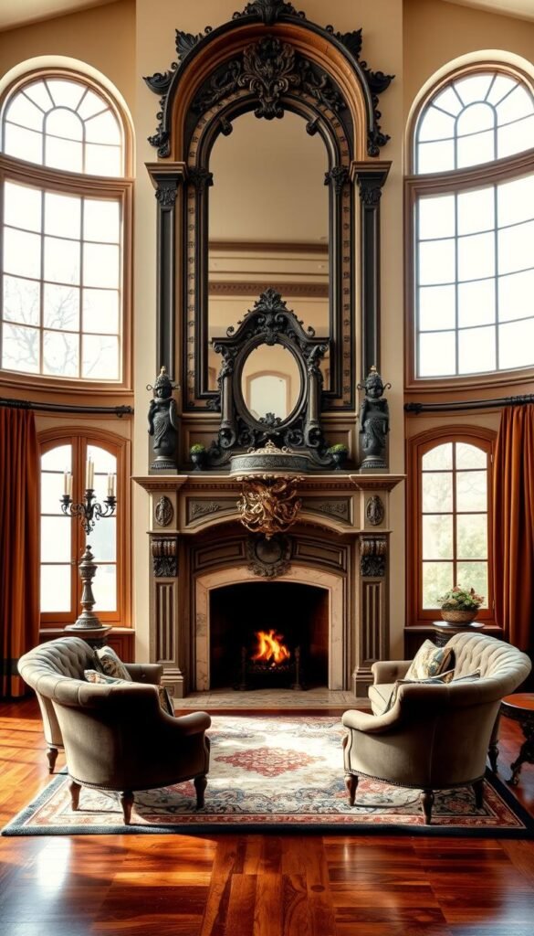 Ornate Victorian-style grand fireplace with intricate carved stone mantel and elaborate metalwork details. Tall arched windows flanking the fireplace allow natural light to stream in, casting a warm glow. Plush, richly upholstered seating arranged in a semicircle invites relaxation and conversation. Ornate candelabras and a grand decorative mirror above the mantel add to the elegant, refined ambiance. Hardwood floors, lush area rug, and heavy drapes complete the luxurious, cozy atmosphere of this focal point design.