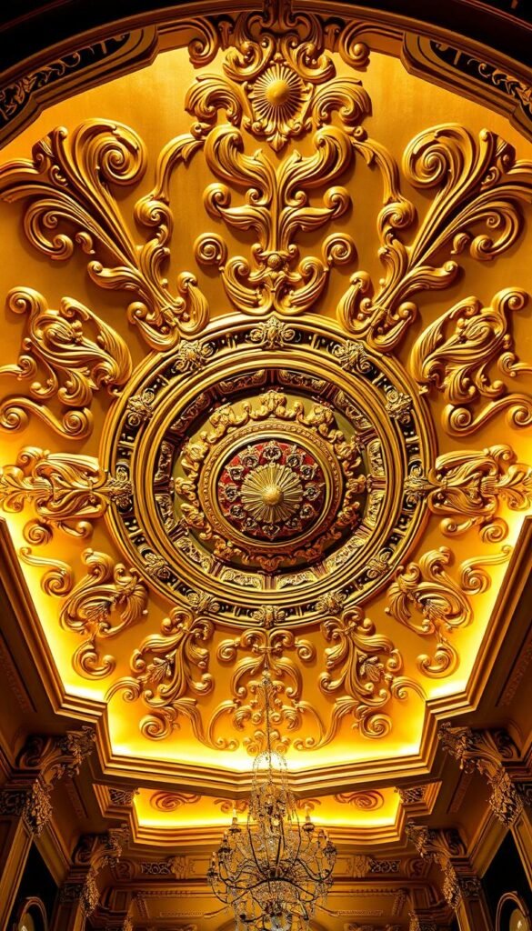 Ornate, intricately detailed ceiling design in a luxurious, high-ceilinged interior. Elegant, curving patterns in shimmering gold and intricate molding accent a central domed feature. Soft, warm lighting casts a glow across the ornate surface, creating an opulent, inviting atmosphere. Dramatic, sweeping angles and perspectives draw the eye upwards, showcasing the architectural grandeur and artistry of the space. Textured, layered elements and a harmonious color palette evoke a sense of timeless sophistication and refined taste.
