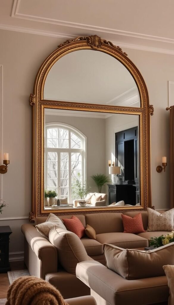 Oversized wall mirror in a cozy living room, reflecting natural light from large windows. The mirror has a heavy, ornate gold frame that commands attention. The room is decorated in warm, earthy tones with plush furniture and textiles. Soft, diffused lighting from sconces casts a gentle glow. The mirror creates the illusion of depth, making the space feel larger and more open. A sense of grandeur and refined elegance pervades the scene, creating a striking focal point that draws the eye.