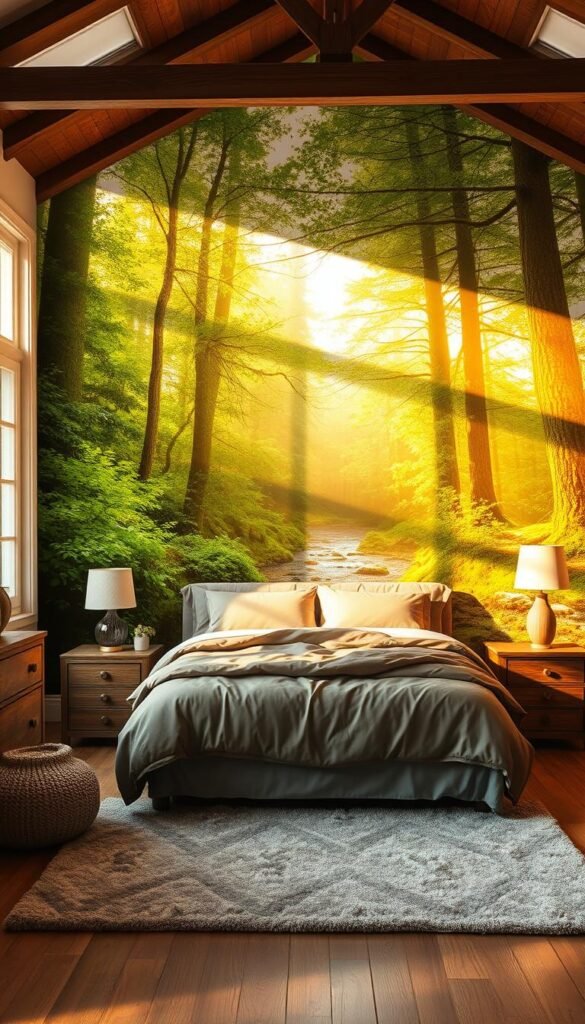 Prompt A cozy and inviting bedroom with a stunning wallpaper mural as the focal point. The mural depicts a serene forest landscape with lush greenery, towering trees, and a gentle stream flowing through the scene. Warm, natural lighting filters through large windows, casting a golden glow across the room. The bed is dressed in plush, neutral-toned linens, complementing the mural's earthy tones. A pair of nightstands and a dresser in a rich, wooden finish add to the room's organic, nature-inspired aesthetic. Soft, textured accents, such as a cozy area rug and plush throw pillows, create a harmonious and visually appealing space that exudes a sense of tranquility and romance.