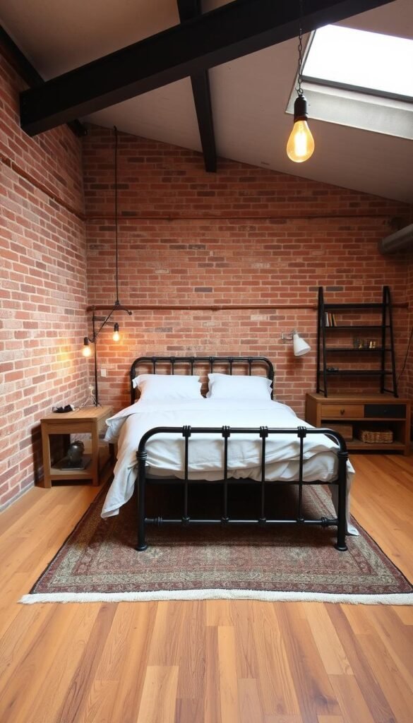 Prompt A cozy industrial-style bedroom with a raw, minimalist aesthetic. Exposed brick walls, weathered metal accents, and natural wood flooring create an earthy, masculine ambiance. A distressed metal bedframe sits atop a plush area rug, with a nightstand crafted from reclaimed materials. Soft lighting from an Edison-style pendant casts a warm glow, complementing the industrial-chic vibe. Overhead, the ceiling beams are visible, adding to the loft-like atmosphere. The space feels both rugged and refined, effortlessly blending rustic and modern elements. Prompt A cozy industrial-style bedroom with a raw, minimalist aesthetic. Exposed brick walls, weathered metal accents, and natural wood flooring create an earthy, masculine ambiance. A distressed metal bedframe sits atop a plush area rug, with a nightstand crafted from reclaimed materials. Soft lighting from an Edison-style pendant casts a warm glow, complementing the industrial-chic vibe. Overhead, the ceiling beams are visible, adding to the loft-like atmosphere. The space feels both rugged and refined, effortlessly blending rustic and modern elements.