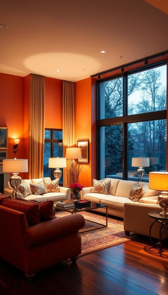 Prompt A cozy, well-lit living room with strategic lighting that enhances the warm, vibrant colors of the space. Soft, diffused overhead lighting casts a gentle glow, while floor lamps and table lamps create pools of illumination that highlight plush furnishings and decorative accents. The large windows allow natural light to flood the room, reflecting off metallic and glass elements to create a luminous, uplifting atmosphere. Carefully angled track lighting accentuates artwork and architectural details, drawing the eye to points of visual interest. The lighting seamlessly blends form and function, elevating the mood and making the colors in the space "sing" with radiant energy.