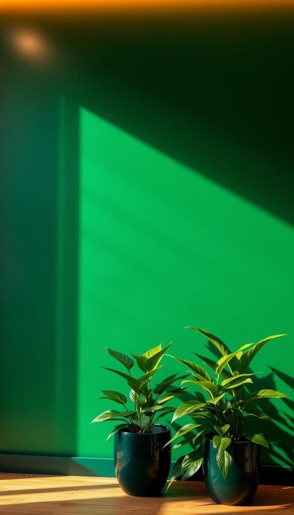 Prompt A luxurious, emerald green statement wall, bathed in warm, directional lighting that casts dramatic shadows, creating a sense of depth and grandeur. The wall's surface is smooth and reflective, exuding a sophisticated, high-end aesthetic. Lush, verdant potted plants strategically placed in the foreground add a touch of natural beauty, complementing the bold, jewel-toned hue of the wall. The overall composition evokes a sense of botanical charm and serene, tranquil elegance, perfectly suited for a bedroom or living space.