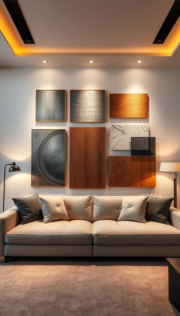 Prompt A modern, stylish living room interior with a large, minimalist couch. The wall behind the couch features a striking, asymmetric gallery display of abstract art pieces in various sizes, shapes, and mediums, including brushed metal, wooden panels, and textured canvases. Warm, directional lighting from recessed ceiling fixtures and floor lamps casts dramatic shadows, highlighting the depth and layers of the wall decor. The overall atmosphere is sophisticated, elegant, and on-trend for 2024, reflecting the latest designs in contemporary home decor.