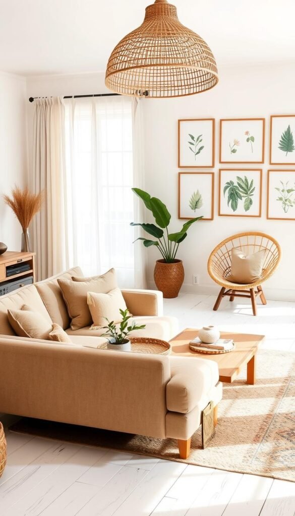 Prompt A well-curated modern boho living room arrangement in a bright, airy space. In the foreground, a cozy low-slung sectional sofa upholstered in neutral tones, accented with plush throw pillows in earthy hues. On the coffee table, a woven basket and a potted plant. In the middle ground, a carved wood side table and a rattan armchair with a tasseled cushion. The background features whitewashed wooden floors, a large window with sheer curtains, and a gallery wall of framed botanical prints. Warm, soft lighting from a hanging wicker pendant casts a cozy glow over the scene. The overall aesthetic is a harmonious blend of natural textures, muted colors, and relaxed, inviting furnishings. Prompt A well-curated modern boho living room arrangement in a bright, airy space. In the foreground, a cozy low-slung sectional sofa upholstered in neutral tones, accented with plush throw pillows in earthy hues. On the coffee table, a woven basket and a potted plant. In the middle ground, a carved wood side table and a rattan armchair with a tasseled cushion. The background features whitewashed wooden floors, a large window with sheer curtains, and a gallery wall of framed botanical prints. Warm, soft lighting from a hanging wicker pendant casts a cozy glow over the scene. The overall aesthetic is a harmonious blend of natural textures, muted colors, and relaxed, inviting furnishings.