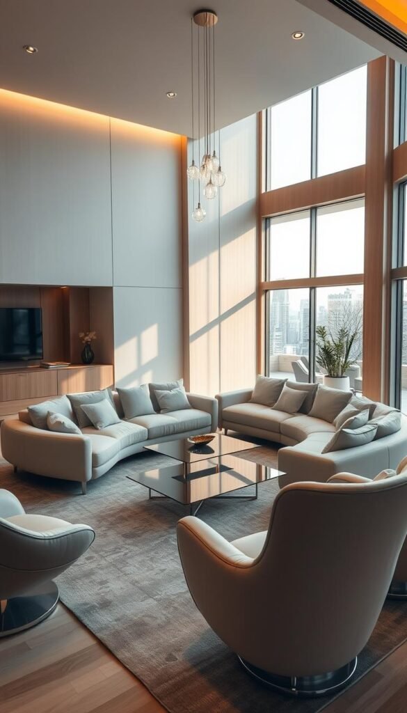 Prompt Luxurious modern living room with sleek, high-end furniture in a minimalist style. Soft, neutral color palette with natural wood accents. Plush, oversized modular sofa with clean lines and ample seating. Elegant, sculptural armchair with curved silhouette. Glass-topped coffee table with metallic base. Dramatic, spotlight-like pendant lighting illuminating the space. Large windows allowing abundant natural light. Warm, ambient mood with hints of opulence and sophistication.