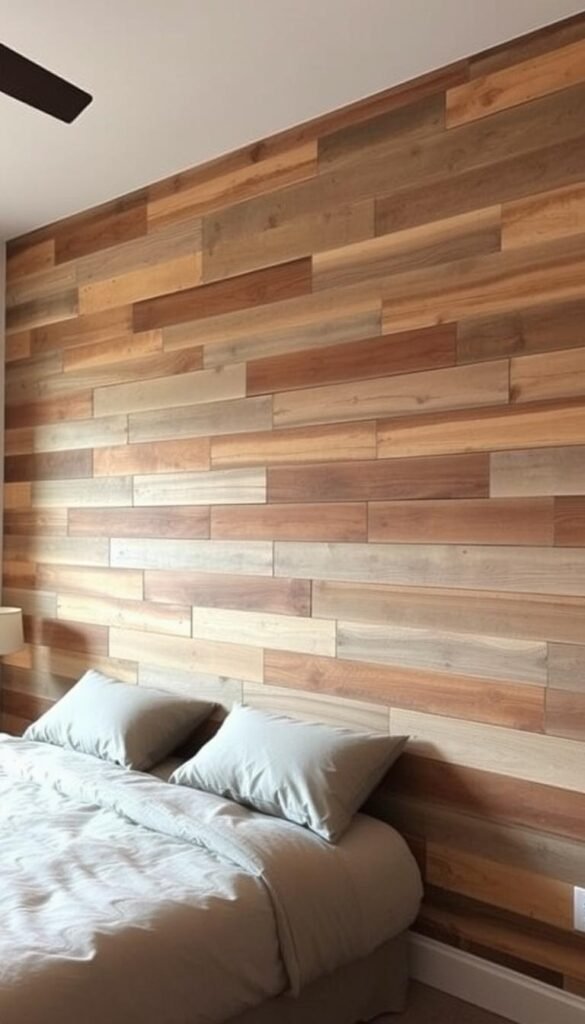 Reclaimed wood wall installation, a rustic and charming focal point in a cozy bedroom. Natural wood panels in shades of warm browns and grays, with the distinct character of weathered and repurposed timber. Soft, diffused lighting casts a gentle glow, highlighting the unique textures and grain patterns. The installation spans the entire wall, creating a stunning and inviting backdrop. Wooden beams intersect the paneling, adding depth and visual interest. The overall atmosphere is one of warmth, simplicity, and a connection to nature - a perfect representation of the beauty of reclaimed materials.