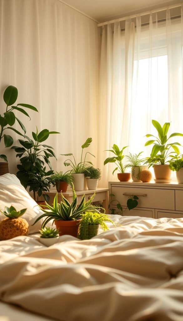 Serene bedroom with lush, vibrant indoor plants. Soft, diffused natural lighting filters through sheer curtains, casting a warm, tranquil glow. Succulents, ferns, and potted greenery adorn the nightstands, dresser, and window ledge, creating a harmonious, nature-inspired ambiance. The plants' organic shapes and verdant hues contrast elegantly with the muted, neutral tones of the bedding and decor. A sense of calm and balance permeates the space, inviting relaxation and mindfulness. Captured from a low, intimate angle to emphasize the cozy, enveloping atmosphere.