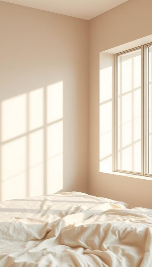 Soft, muted tones of warm beige, ivory, and subtle taupe spread across a serene interior wall. Gentle textures of matte, chalky finishes create a tranquil, inviting atmosphere. Indirect lighting from large windows casts a gentle glow, accentuating the depth and nuance of the neutral palette. The colors blend harmoniously, evoking a sense of relaxation and comfort, perfect for a cozy bedroom setting. Angles capture the subtle gradients and shadows that add visual interest without overwhelming the soothing, monochromatic scheme.