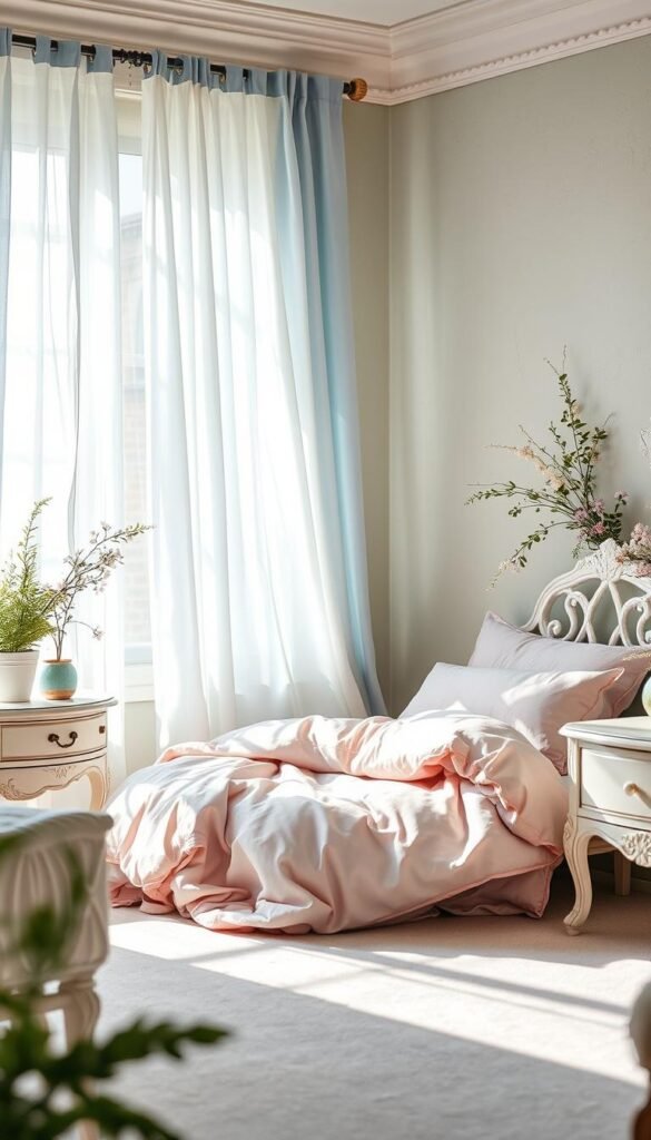 Soft pastel paint colors bedroom with gentle, warm lighting. Airy, sun-dappled room with a plush, cloud-like bedding set in muted pinks and lavenders. Filmy, flowing curtains in a pale blue hue flutter in the breeze. Ornate, vintage-inspired furniture in weathered white tones. Textured walls in a soft, chalky sage green. Delicate, wispy floral accents and potted plants create a tranquil, dreamy atmosphere. Shallow depth of field, soft focus, diffused, natural lighting to capture a sense of coziness and comfort.