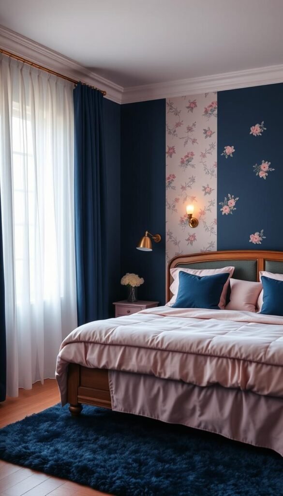 Soft pink and navy blue bedroom palette with a dreamy, serene atmosphere. A cozy, dimly lit space with a plush, blush-toned duvet cover and matching throw pillows adorning a classic wooden bed frame. Sheer navy blue curtains frame the large window, allowing soft, diffused natural light to filter in. A navy blue accent wall adds depth, complemented by pale pink nightstands and a delicate floral wallpaper on the remaining walls. Warm, indirect lighting from a pair of brass sconces casts a gentle glow, creating an inviting, tranquil ambiance. The hardwood floor is partially covered by a soft, fluffy navy area rug, tying the color scheme together.