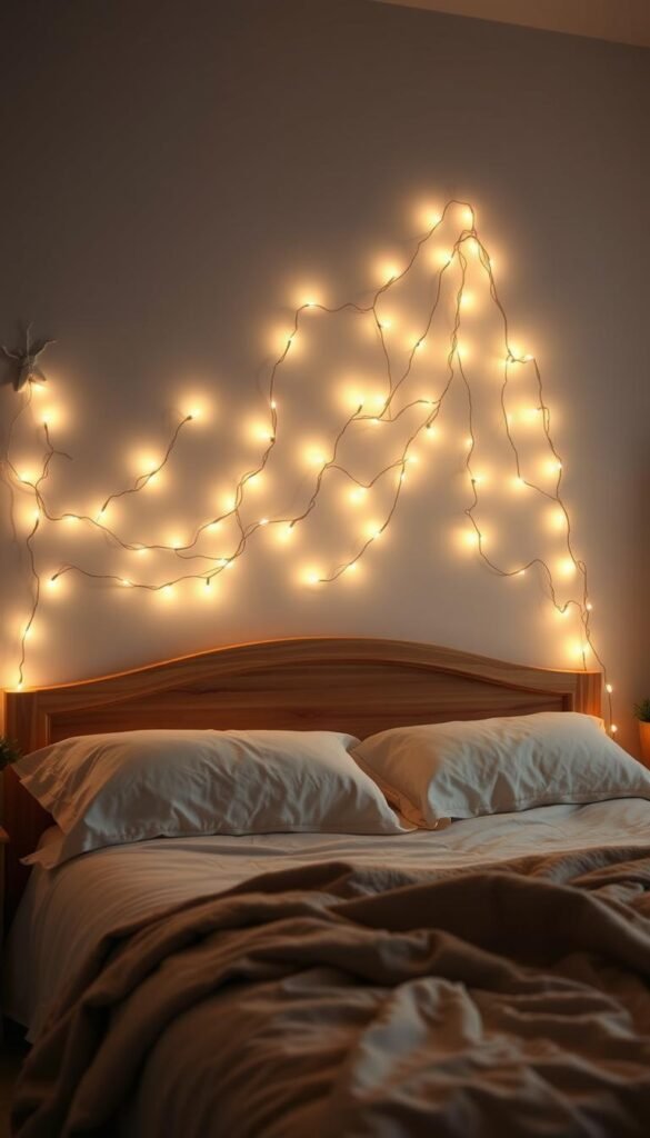 Soft, warm fairy lights adorning a plush, inviting bed headboard, casting a cozy, intimate glow throughout the room. The lights are draped artfully, creating a magical, twinkling canopy that transforms the simple headboard into a captivating focal point. The lighting is diffused, creating a gentle, atmospheric ambiance, while the headboard itself is made of rich, natural wood, adding depth and texture to the scene. The overall mood is one of tranquility, comfort, and a sense of escape, perfectly complementing the "Transforming Your Bed and Headboard into a Focal Point" section of the article.