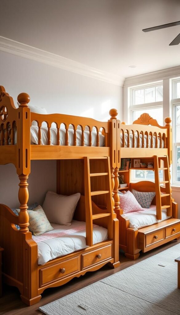 Vibrant and whimsical bunk beds with ample built-in storage, designed to spark creativity in a sun-filled children's bedroom. The sturdy wooden frame features intricate carvings and a warm honey-toned finish, complemented by plush bedding in a palette of pastels. Strategically placed cubbies, shelves, and drawers offer practical solutions for organizing toys, books, and personal items. Soft, diffused lighting from overhead fixtures casts a cozy glow, while large windows flood the space with natural illumination. The composition captures the beds from a slightly elevated angle, highlighting the clever use of vertical space and the charming overall aesthetic. Vibrant and whimsical bunk beds with ample built-in storage, designed to spark creativity in a sun-filled children's bedroom. The sturdy wooden frame features intricate carvings and a warm honey-toned finish, complemented by plush bedding in a palette of pastels. Strategically placed cubbies, shelves, and drawers offer practical solutions for organizing toys, books, and personal items. Soft, diffused lighting from overhead fixtures casts a cozy glow, while large windows flood the space with natural illumination. The composition captures the beds from a slightly elevated angle, highlighting the clever use of vertical space and the charming overall aesthetic.