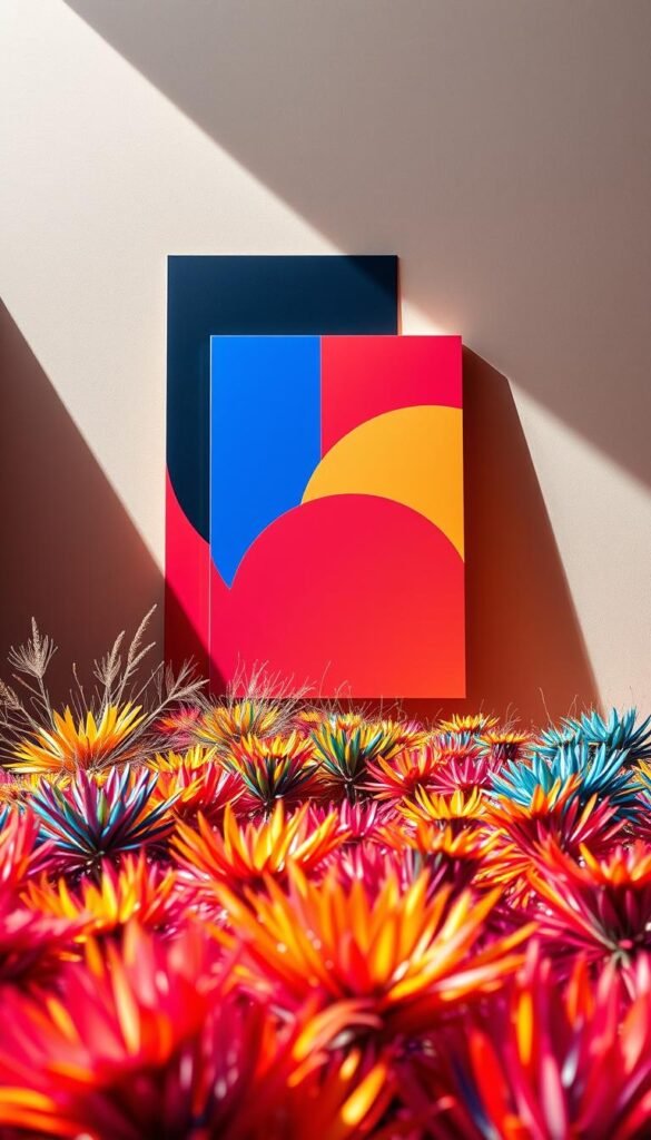 Vibrant, bold color graphic posters with dynamic abstract compositions. Striking primary colors and geometric patterns fill the foreground, creating an eye-catching focal point. The middle ground features bold, overlapping shapes and gradients, evoking a sense of energy and depth. The background is a minimalist, muted color field that provides a clean, modern canvas. Dramatic lighting from the left casts dramatic shadows, adding dimension and drama. The overall aesthetic is contemporary, bold, and designed to make a strong visual impact.