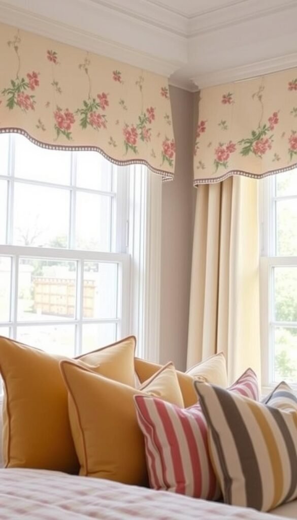 Vibrant preppy-style window treatments adorned with a delicate floral patterned drape. The drapes hang elegantly, bathed in soft, natural lighting that filters through the window. The fabric has a crisp, tailored look, complementing the orderly, refined aesthetic. In the foreground, neatly arranged throw pillows in complementary solid and striped fabrics add a touch of textural contrast. The overall scene conveys an inviting, well-curated preppy bedroom atmosphere.