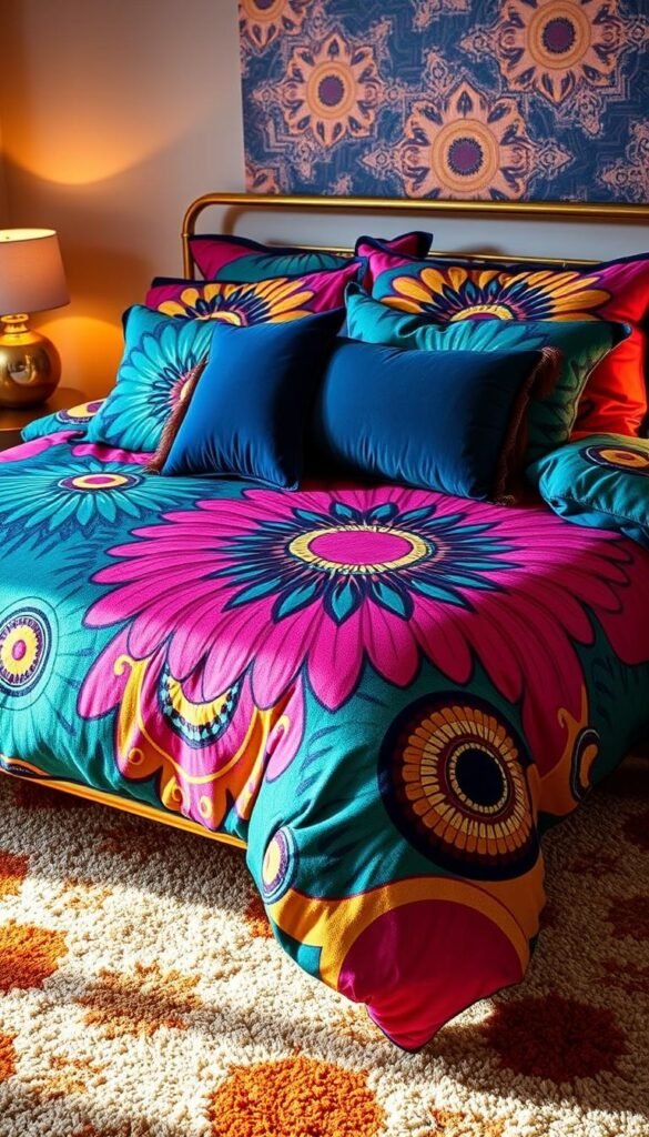 Vibrant y2k-inspired bedding with bold, kaleidoscopic prints across a luxe textured duvet cover. Striking geometric patterns and psychedelic swirls in a retro color palette of teal, fuchsia, and goldenrod. Plush velvet throw pillows in matching hues add depth and dimension. Layered atop a brass-framed bed, the bedding is illuminated by warm tungsten lighting casting a nostalgic glow. A shag area rug in a complimentary abstract design grounds the composition. The overall scene radiates a playful, opulent, and unapologetically retro aesthetic.