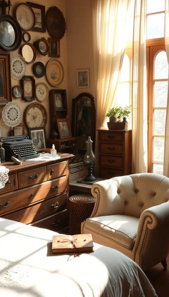 Vintage treasures bedroom decor: A cozy, sun-dappled room filled with artful antiques and repurposed treasures. In the foreground, a rustic wooden dresser adorned with delicate lace doilies, vintage glass perfume bottles, and a typewriter from a bygone era. On the wall, a curated gallery of framed photographs, tarnished mirrors, and hand-painted porcelain plates. The middle ground features a plush, tufted armchair upholstered in soft velvet, complemented by a wicker side table displaying a weathered leather-bound book and a flickering oil lamp. The background showcases a large, curtained window that floods the space with warm, golden natural light, casting a serene, nostalgic atmosphere.