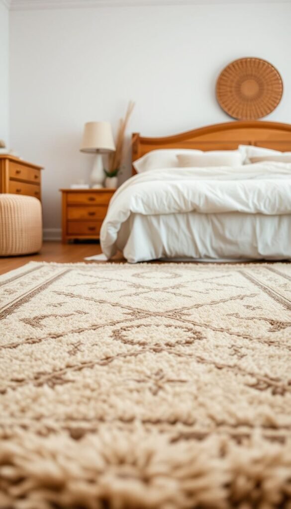 Warm and inviting bedroom scene with a large, plush rug in the foreground, perfectly coordinated with the soft bedding, wooden furniture, and neutral color palette. The rug features a classic pattern in earthy tones, seamlessly blending with the natural textures and hues of the space. Soft, diffused lighting casts a cozy glow, creating an atmosphere of comfort and relaxation. The composition emphasizes the harmonious relationship between the rug and the surrounding furnishings, showcasing how thoughtful decor choices can transform a bedroom into a truly welcoming and cozy retreat.