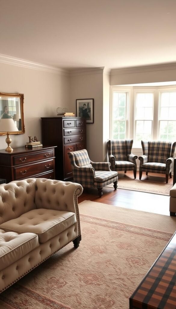 a cozy, inviting bedroom with classic preppy furniture pieces arranged in a well-organized, visually appealing layout. in the foreground, a plush, tufted chesterfield sofa in a neutral beige tone sits atop a patterned area rug. on the opposite side, a mahogany wood dresser with brass hardware stands proudly, its drawers neatly arranged. in the background, a large bay window floods the space with warm, natural light, illuminating a pair of matching wingback chairs upholstered in a timeless tartan plaid. the overall mood is one of timeless elegance and refined sophistication.
