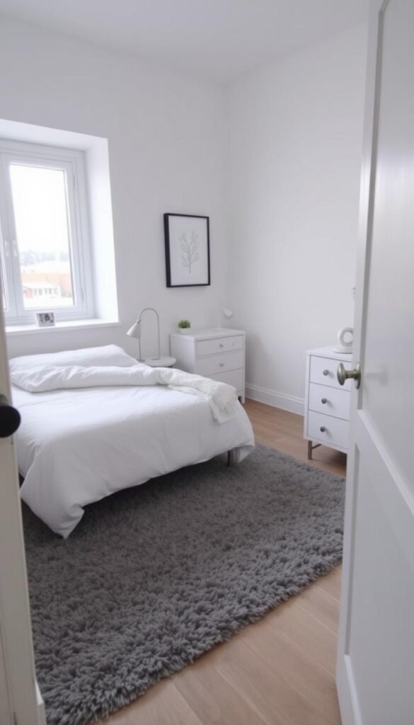 a cozy small gray bedroom with minimalist scandinavian-inspired decor, a single-sized bed with white linen bedding, small side tables with simple lamps, a small white dresser or vanity, a plush gray area rug, and clean white walls with a single framed artwork above the bed. the room is evenly lit by a large window, creating a calming, serene atmosphere. the camera is positioned at a slight angle, capturing the room in a natural, realistic perspective. a cozy small gray bedroom with minimalist scandinavian-inspired decor, a single-sized bed with white linen bedding, small side tables with simple lamps, a small white dresser or vanity, a plush gray area rug, and clean white walls with a single framed artwork above the bed. the room is evenly lit by a large window, creating a calming, serene atmosphere. the camera is positioned at a slight angle, capturing the room in a natural, realistic perspective.