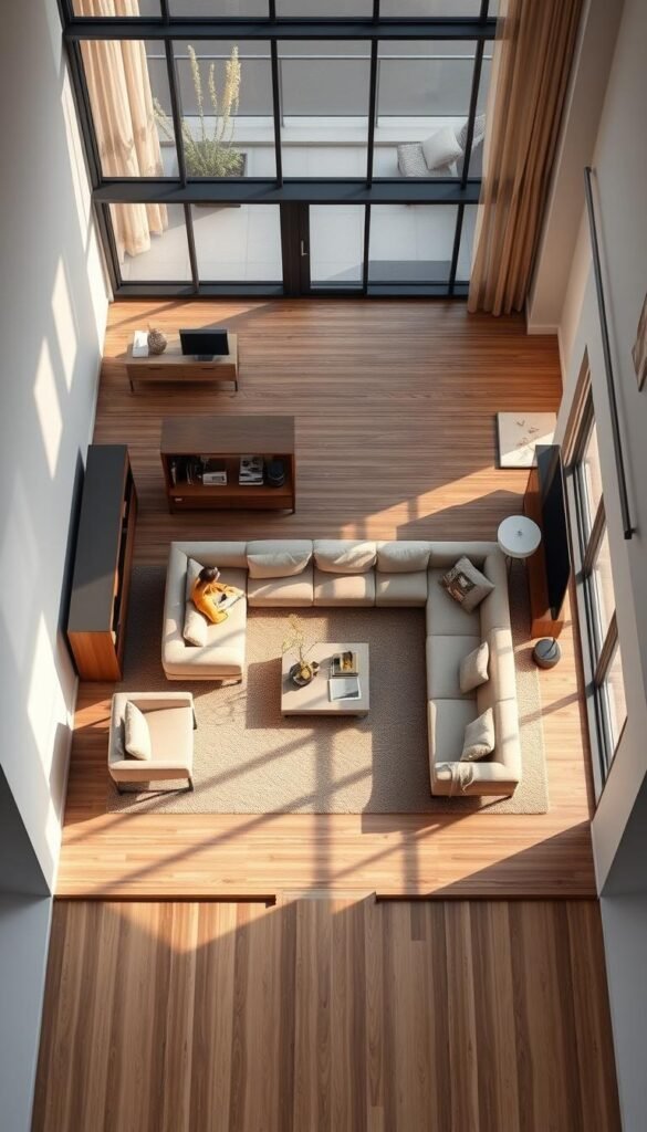 a detailed layout plan of a small luxury living room in a modern apartment, with furniture and decor elements arranged in a visually appealing and functional manner. The layout features a plush, L-shaped sectional sofa in a neutral tone, positioned to create a cozy conversation area. A sleek, minimalist coffee table and a pair of modern armchairs flank the sofa, complementing the overall aesthetic. Bookshelves or storage units line the walls, providing ample space for decor and personal items. The room is bathed in warm, natural lighting, with large windows or floor-to-ceiling glass doors that open to a balcony or terrace, creating a seamless indoor-outdoor flow. The color palette is a blend of earthy tones and soft, muted hues, exuding a sense of sophistication and tranquility. The layout is designed to maximize the available space, while maintaining a visually harmonious and welcoming atmosphere.