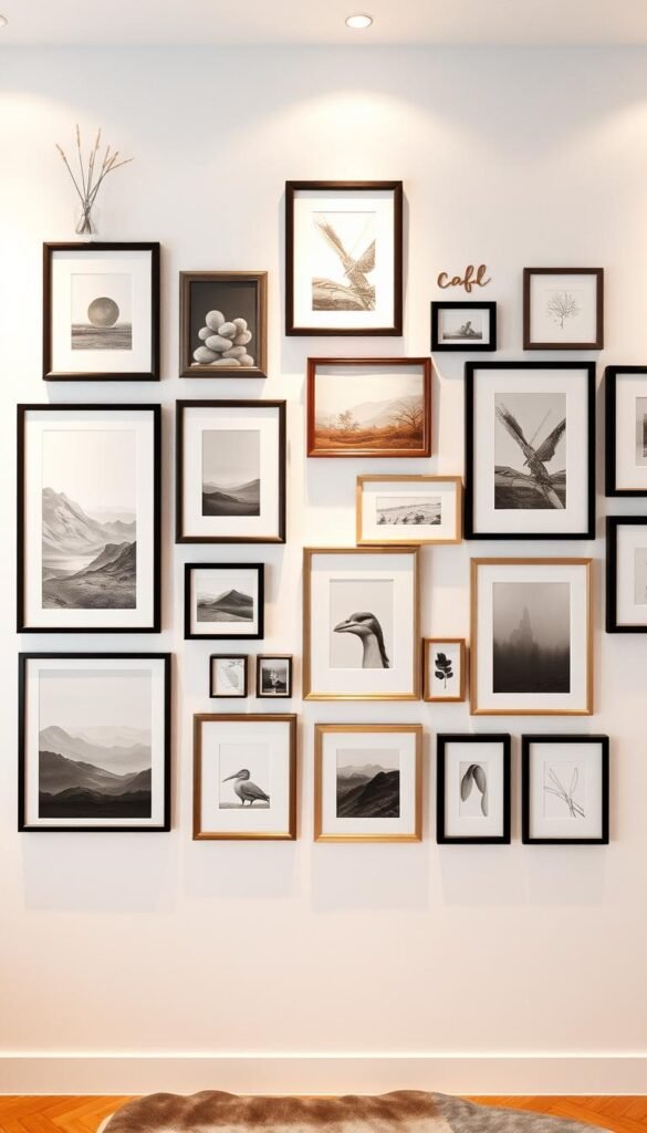 a gallery wall layout with an assortment of framed artwork, photographs, and decorative elements in various sizes and orientations, arranged in a cohesive and visually appealing manner on a white wall. The frames are a mix of black, white, and natural wood tones, with a few metallic accents. The artwork includes a mix of abstract paintings, landscape photography, and minimalist line drawings. The layout is a balanced asymmetrical composition, with some pieces clustered together and others spaced apart, creating a sense of intentional curation. Soft, warm lighting from hidden sources illuminates the wall, casting gentle shadows and highlighting the textures of the frames and artwork. The overall mood is elegant, sophisticated, and tailored to a bedroom setting.