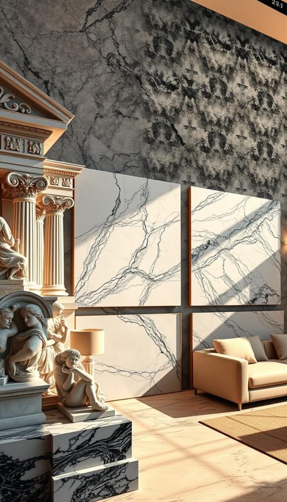 a highly detailed, photorealistic mural depicting the evolution of marble design, showcasing a progression from the grand marble palaces and temples of ancient civilizations to the refined, modern marble wall installations in luxurious living rooms. In the foreground, intricate marble carvings and sculptures from classical Greek and Roman eras contrast with sleek, minimalist marble panels in the middleground. The background features a majestic marble dome, evoking the opulence of imperial architecture. Warm, dramatic lighting casts dramatic shadows, enhancing the textures and patterns of the marble surfaces. The overall composition conveys a sense of timeless elegance, tracing the journey of marble from the grandest of public spaces to the refined comfort of contemporary home design.