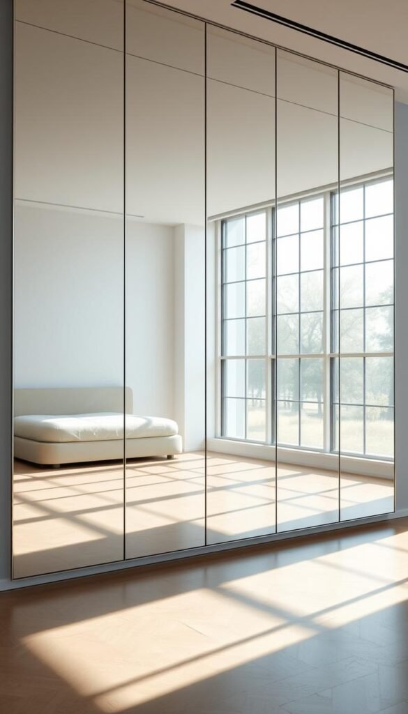 a large, modern mirror panel that covers an entire wall, reflecting a bright, airy bedroom with abundant natural light streaming in through large windows. The mirror is sleek and frameless, creating an illusion of expanded space. The reflection captures a serene and calming atmosphere, with soft, diffused lighting that creates a warm, inviting ambiance. The mirror's surface is highly polished, creating a sense of depth and dimension. The angle of the shot emphasizes the mirror's scale and the way it amplifies the available light, making the room feel open, spacious, and visually captivating.