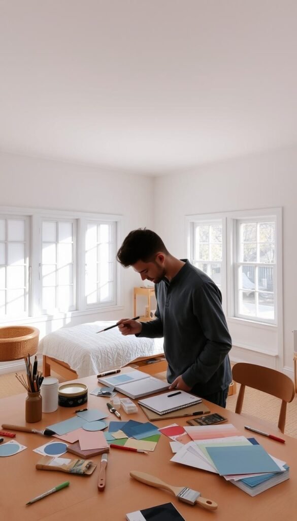 a large, well-lit room with a bright, natural light streaming in through large windows, a table with various paint color samples and tools such as paint brushes, color swatches, and a notebook for taking notes, a person carefully examining and comparing the colors, the walls of the room are a neutral, light color, creating a clean and minimalist backdrop to showcase the paint color samples, the overall atmosphere is one of focused concentration and thoughtful consideration as the person works to select the perfect paint color for their bedroom space