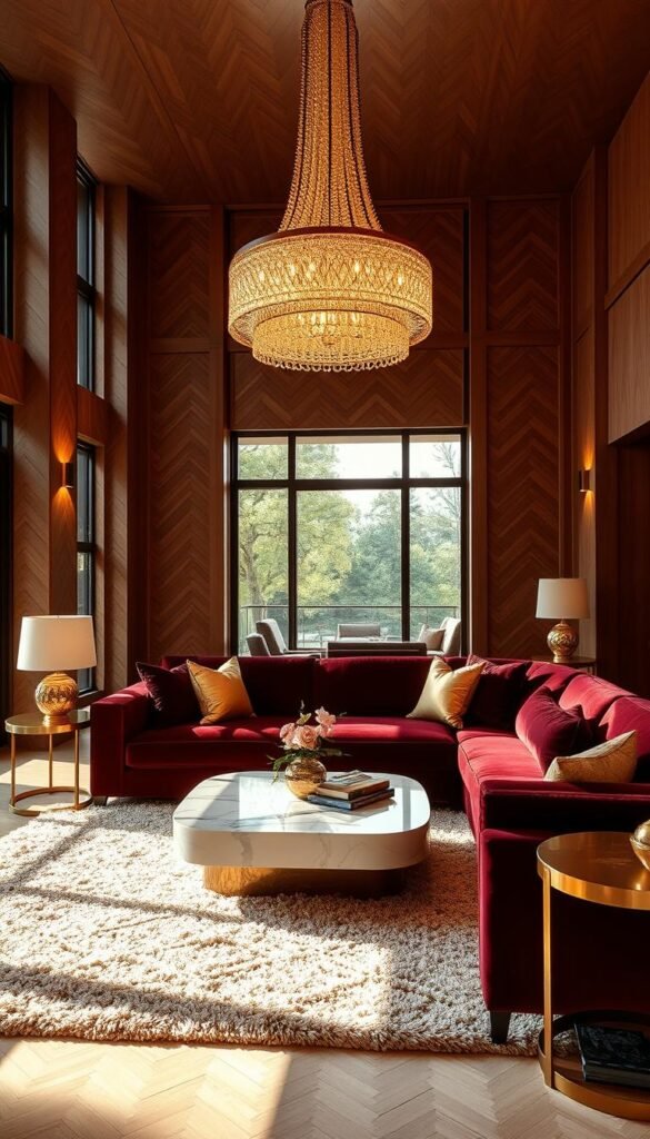 a luxurious and opulent modern living room, bathed in warm, golden lighting from a large chandelier overhead. the focal point is a plush, velvet sofa in a rich burgundy hue, surrounded by textural elements like a fluffy shag rug, a marble coffee table with intricate veining, and metallic accents like a brass side table and shimmering throw pillows. the walls feature a herringbone pattern of wood paneling, creating depth and visual interest. large windows allow natural light to filter in, casting shadows and adding to the cozy, intimate atmosphere. the overall effect is one of sophisticated glamour and refined elegance.