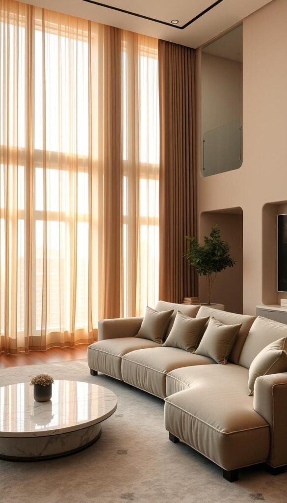 a luxurious, minimalist living room with warm, soft lighting filtering through sheer curtains, casting a gentle glow on the muted, neutral-toned furnishings. The room features high ceilings, large windows, and a plush, oversized sofa in a neutral beige hue. Decorative accents, such as a marble-topped coffee table and a small, potted plant, add subtle touches of elegance. The overall atmosphere is one of tranquility and refined sophistication, embodying the essence of "quiet luxury."