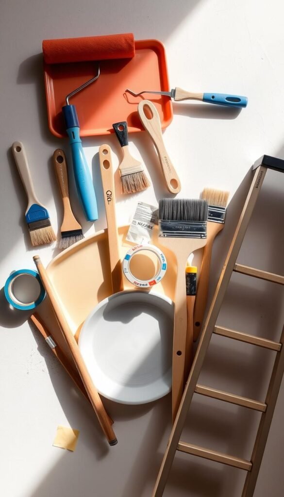 a neatly arranged collection of bedroom painting tools including a paint roller, paintbrushes of various sizes, a paint tray, painter's tape, sandpaper, and a small ladder, set against a clean, light-filled background with soft shadows, creating a sense of organization and preparedness for a bedroom painting project