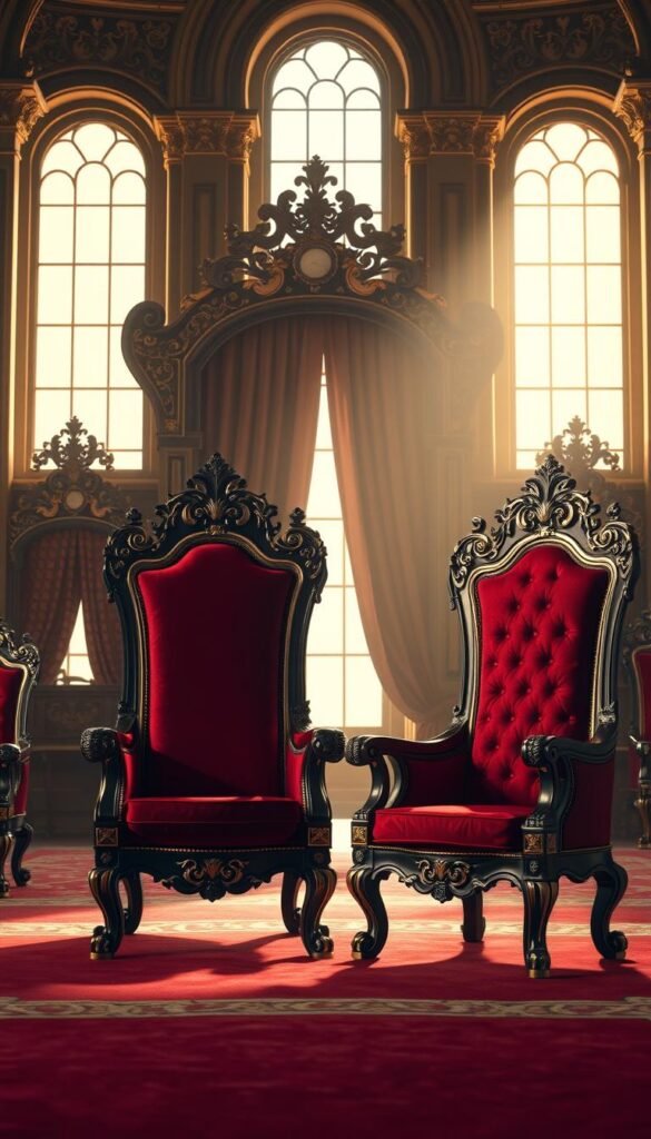 a richly detailed, photorealistic rendering of an ornate royal throne and matching armchair in a grand, palatial interior. The furniture is crafted from dark, polished hardwood with intricate gold leaf and gilded embellishments, reflecting the opulent, luxurious aesthetic of a royal court. The chairs are upholstered in deep red velvet, adding a regal, sumptuous quality. Soft, warm lighting filters through tall arched windows, casting a golden glow over the furniture and the grand, ornately decorated room. The composition places the chairs prominently in the foreground, framed by elegant architectural details and rich, textured fabrics in the background, creating a sense of grandeur and refined elegance.