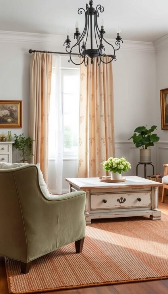 A French country-inspired color palette, captured in a serene, well-lit living room setting. The foreground features a plush, distressed armchair in a muted sage green, complemented by a hand-woven area rug in earthy tones of ochre and terracotta. In the middle ground, a solid wood coffee table with a worn, whitewashed finish stands out against the backdrop of soft, billowing curtains in a delicate floral print. The walls are adorned with vintage-inspired artwork in gilded frames, evoking a sense of timeless elegance. Soft, diffused lighting from a wrought-iron chandelier casts a warm, inviting glow throughout the space, creating a harmonious and authentically French provincial atmosphere.