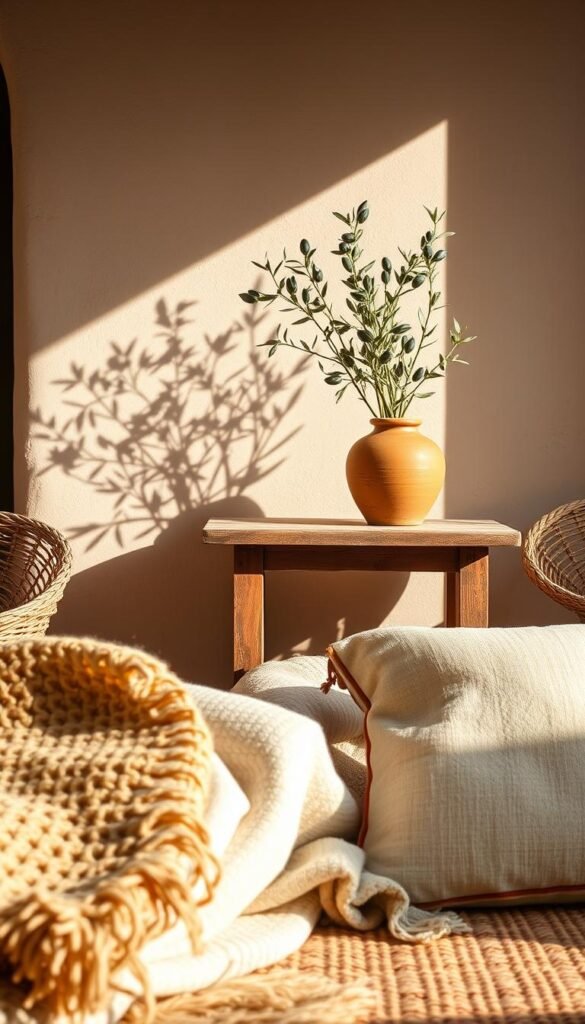 A Mediterranean-inspired still life, bathed in warm, natural light. In the foreground, a collection of authentic textiles - a woven rug, a linen throw, and a hand-stitched pillow. The textures are rich and inviting, with subtle variations in color and pattern. In the middle ground, a weathered wooden side table supports a terracotta vase filled with fragrant olive branches. The background is a muted, earthy wall, capturing the essence of a sun-kissed Greek villa. The overall scene radiates a sense of comfort, tradition, and timeless elegance. A Mediterranean-inspired still life, bathed in warm, natural light. In the foreground, a collection of authentic textiles - a woven rug, a linen throw, and a hand-stitched pillow. The textures are rich and inviting, with subtle variations in color and pattern. In the middle ground, a weathered wooden side table supports a terracotta vase filled with fragrant olive branches. The background is a muted, earthy wall, capturing the essence of a sun-kissed Greek villa. The overall scene radiates a sense of comfort, tradition, and timeless elegance.