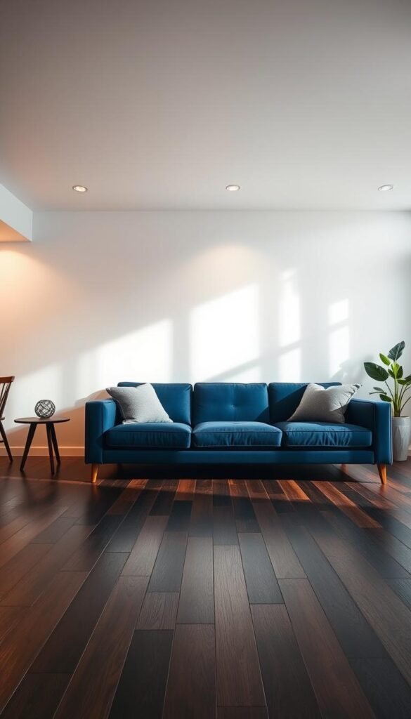 A balanced navy blue sofa sits prominently in a well-lit living room, its plush cushions and sleek silhouette creating a sophisticated focal point. The walls are painted in a soft, warm white hue, allowing the navy couch to stand out while maintaining a calming, airy ambiance. The floors beneath are crafted from dark, rich hardwood, their deep tones complementing the navy hue and grounding the space. Gentle, diffused lighting from overhead fixtures casts a gentle glow, highlighting the luxurious textures and creating a sense of tranquility. The overall effect is one of elegant balance, where the navy sofa, light walls, and dark floors work in harmony to craft a living room that feels both stylish and inviting.
