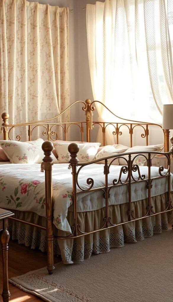 A beautifully aged, antique metal bed frame stands proudly in a cozy, sun-drenched bedroom. Delicate, intricate metalwork creates an elegant silhouette, while the soft, warm patina evokes a sense of timeless charm. Vintage floral bedding and plush, tufted pillows add layers of texture and color, complementing the frame's vintage aesthetic. Soft, diffused natural light filters through lace curtains, casting a gentle glow and highlighting the frame's timeless beauty. The overall scene exudes a welcoming, nostalgic ambiance, perfectly capturing the essence of blending old-world elegance with modern comforts. A beautifully aged, antique metal bed frame stands proudly in a cozy, sun-drenched bedroom. Delicate, intricate metalwork creates an elegant silhouette, while the soft, warm patina evokes a sense of timeless charm. Vintage floral bedding and plush, tufted pillows add layers of texture and color, complementing the frame's vintage aesthetic. Soft, diffused natural light filters through lace curtains, casting a gentle glow and highlighting the frame's timeless beauty. The overall scene exudes a welcoming, nostalgic ambiance, perfectly capturing the essence of blending old-world elegance with modern comforts.