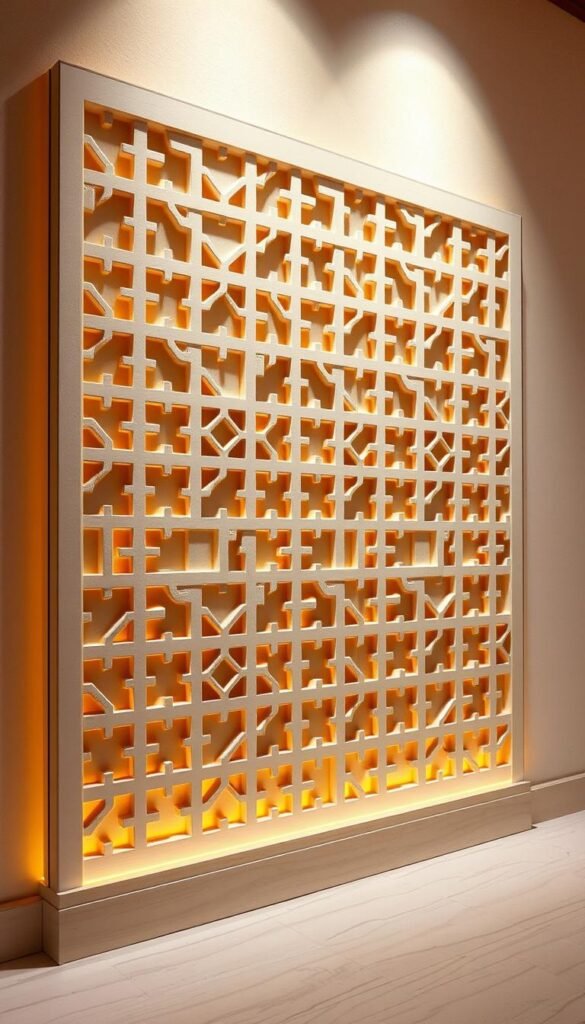 A beautifully crafted geometric fretwork wall paneling, bathed in warm, soft lighting that casts intricate shadows and highlights the intricate patterns. The paneling features an interlocking arrangement of clean-lined, repeating shapes in a soothing neutral palette, creating a sense of depth and visual interest on the wall. The paneling extends across the full frame, with a clean, minimalist background that allows the craftsmanship to take center stage. The composition is shot from a slight angle, capturing the dimensionality and craftsmanship of the fretwork in striking detail.