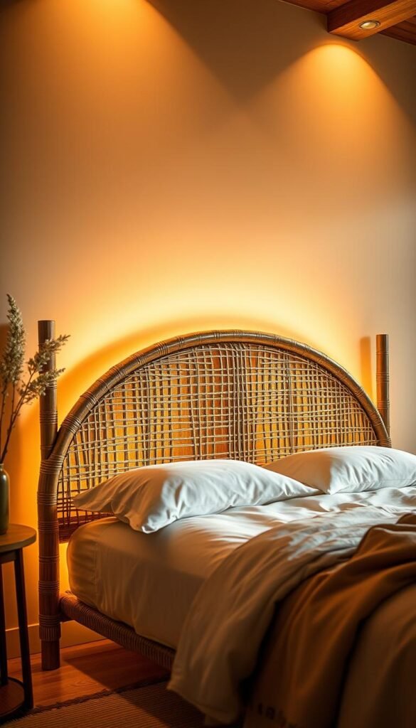 A beautifully crafted natural bamboo and wicker headboard design, illuminated by soft, warm lighting that casts a gentle glow. The headboard's intricate, organic patterns and textures create a captivating focal point, seamlessly blending with the serene, earthy tones of the surrounding environment. The composition showcases the headboard from an angle, highlighting its elegant curves and the interplay of light and shadow. The overall atmosphere exudes a sense of tranquility and harmony, inviting the viewer to imagine this stunning piece as the centerpiece of a peaceful, nature-inspired bedroom.
