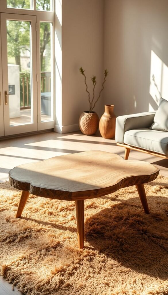 A beautifully crafted, natural material coffee table sits atop a plush, earthy-toned area rug, casting warm, soft lighting across the minimalist, organic modern living room. The table's top features a smooth, muted-tone wood slab with delicate grains, seamlessly blending with the rustic yet refined aesthetic. Slender, tapered wooden legs support the table, creating an airy, elevated display. Dappled sunlight filters through large windows, casting gentle shadows and highlighting the table's natural texture. The overall scene exudes a serene, harmonious atmosphere, inviting viewers to pause and appreciate the simple beauty of natural materials.