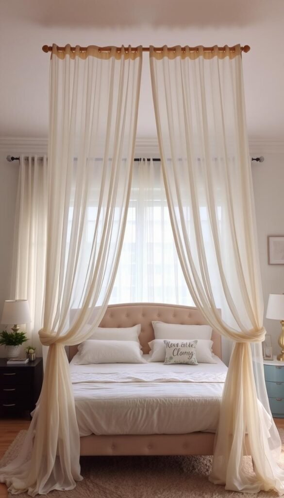 A beautifully curated bedroom setting, with a cozy bed framed by strategically placed sheer curtains that cascade gracefully from ceiling-mounted rods. The curtains, in a soft, neutral hue, gently diffuse the natural light, creating a warm, inviting ambiance. The bed is dressed with plush bedding, complementing the serene color palette. A hint of greenery, such as potted plants or a small bouquet, adds a fresh, organic touch to the scene. The overall composition is balanced, with the curtains drawing the eye towards the centerpiece - the bed - while maintaining a sense of elegance and tranquility throughout the space.