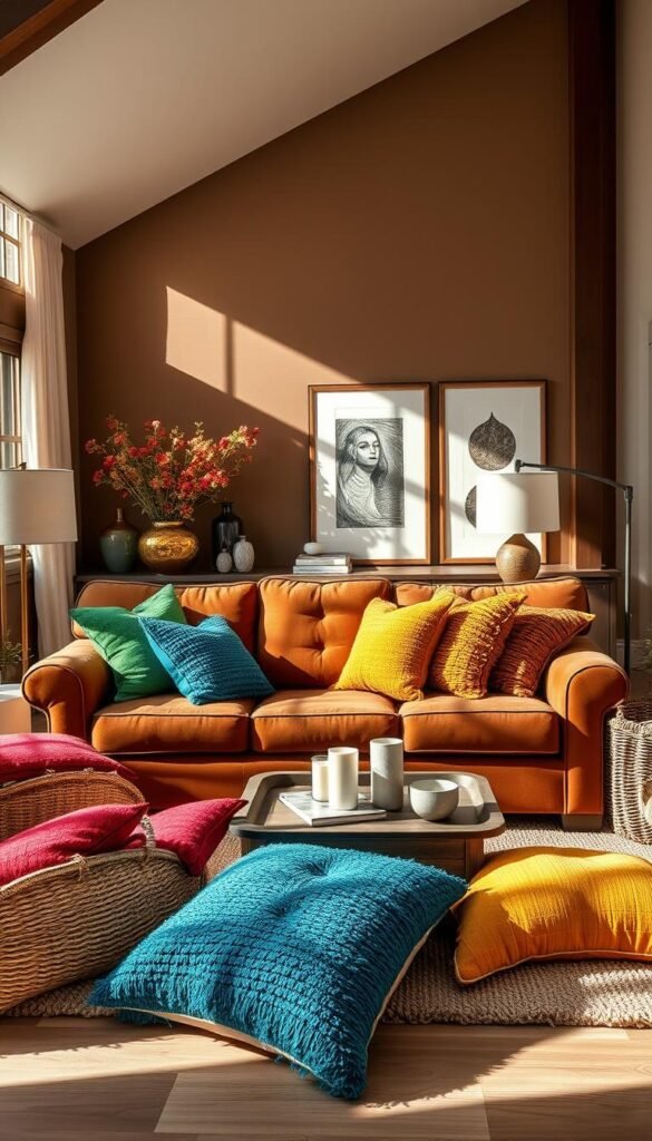 A beautifully lit living room with a plush, inviting brown sofa as the focal point. Surrounding it, an array of vibrant, textured throw pillows in a range of colors - crimson, emerald, mustard, and azure. Carefully placed decorative accents like vases, candles, and woven baskets add depth and warmth to the space. Soft, diffused lighting from floor lamps and natural sunlight streaming through large windows create a cozy, welcoming atmosphere. The overall scene evokes a sense of comfort and a dynamic, harmonious color palette that elevates the timeless brown sofa.