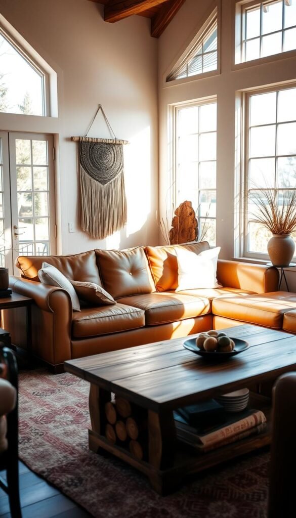 A beautifully lit living room with a tan leather sofa, accented by a rich wood coffee table and end tables. The warm glow of natural sunlight filters through large windows, casting a soft, cozy ambiance. Carefully curated wood decor elements, such as a rustic wall hanging and a wooden vase, add layers of texture and depth. The overall scene exudes a sense of effortless elegance, where the tan sofa and wood accents harmonize to create a inviting, comfortable space.