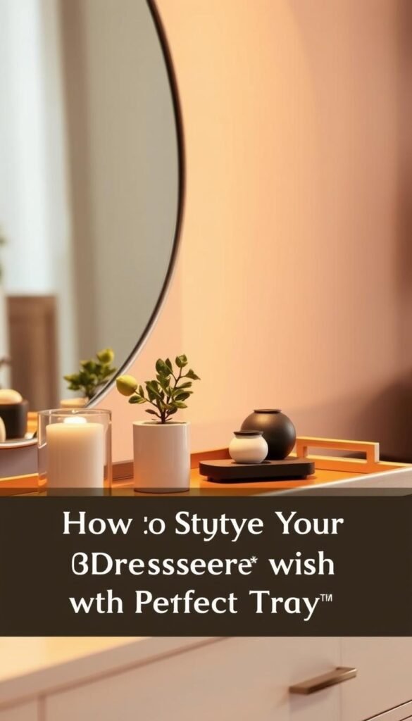 A beautifully styled dresser tray, bathed in warm, diffused lighting that casts a cozy, inviting atmosphere. In the foreground, an artfully arranged collection of decorative objects - a small potted plant, a minimalist candle holder, and a tasteful decorative object. In the middle ground, a sleek, modern dresser tray, its surface reflecting the warm glow. The background features a softly blurred, neutral-toned wall, allowing the tray to take center stage. The overall composition exudes a sense of balance, sophistication, and effortless elegance, perfectly capturing the essence of "How to Style Your Dresser with the Perfect Tray".