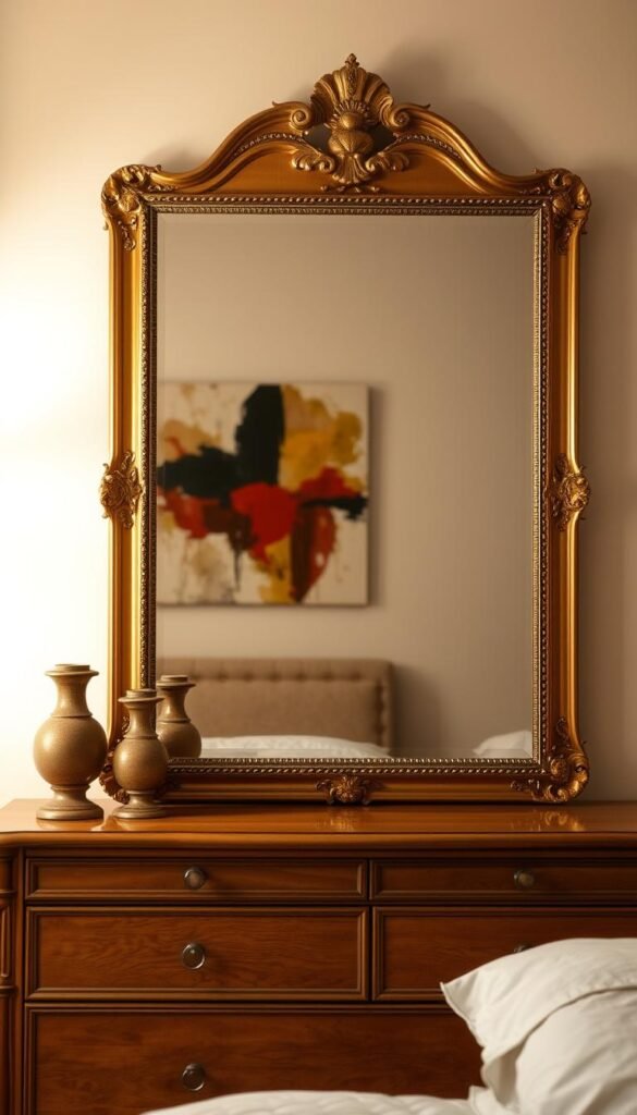 A beautifully styled dresser with a large rectangular mirror takes center stage in a cozy, well-lit bedroom. The mirror's ornate gold frame reflects the warm, muted tones of the room, complementing the natural wood of the dresser. Perched atop the dresser, an eye-catching piece of abstract art serves as the focal point, drawing the viewer's gaze with its bold brushstrokes and vibrant colors. The lighting, slightly angled from the side, casts a soft, inviting glow, creating an atmosphere of tranquility and elegance.