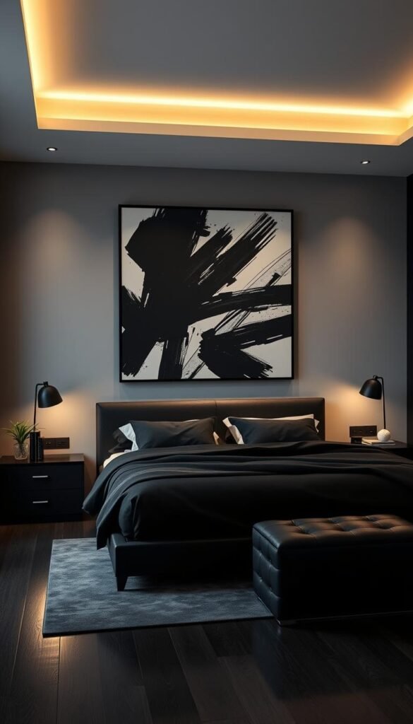 A bold, modern black bedroom showcasing a striking piece of contemporary wall art. The artwork dominates the room, commanding attention with its dynamic brushstrokes and dramatic use of contrasting black and white tones. The bedroom's design is minimalist and refined, with sleek black furniture and clean lines that allow the artwork to shine. Soft ambient lighting casts a warm glow, creating a moody, atmospheric ambiance. The overall composition evokes a sense of sophistication and artistic flair, perfectly reflecting the "Bold Modern Black Bedroom Ideas With Timeless Appeal" theme.