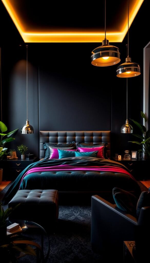 A bold, modern black bedroom with vibrant accent colors. Striking focal wall in deep charcoal, illuminated by warm overhead lighting that casts soft shadows. Plush king-size bed with luxurious bedding in rich jewel tones - emerald, amethyst, sapphire. Sleek furniture in matte black, punctuated by metallic accents like a gold-framed mirror and chrome pendant lamps. Lush potted plants in the corners add pops of verdant green. The overall atmosphere is one of sophisticated elegance, enveloping the viewer in a sense of energetic, timeless allure.