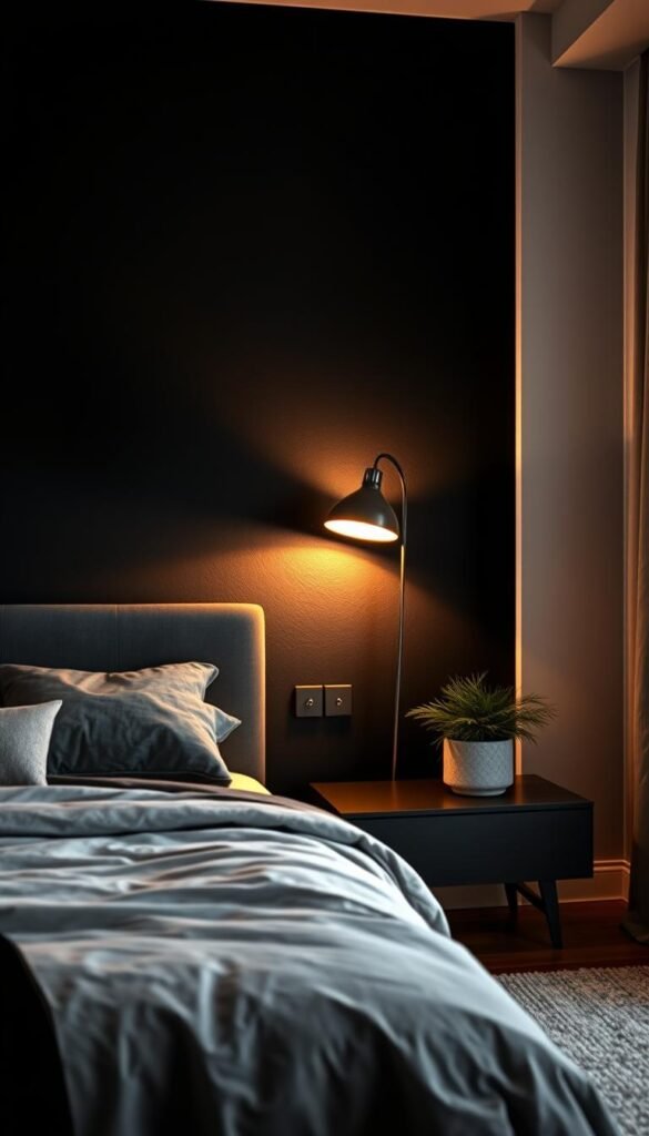 A boldly modern black accent wall, the focal point of a chic and timeless bedroom. Dramatic lighting casts alluring shadows, drawing the eye towards the sleek, textured surface. A mid-century inspired floor lamp illuminates the space with a warm, ambient glow. Minimal decor and clean lines create a tranquil, sophisticated atmosphere, allowing the powerful black wall to command attention. The scene is captured through a wide-angle lens, emphasizing the striking visual impact of this bold design choice. High-quality, professional-grade photography showcases the luxurious, moody ambiance of this striking modern bedroom.